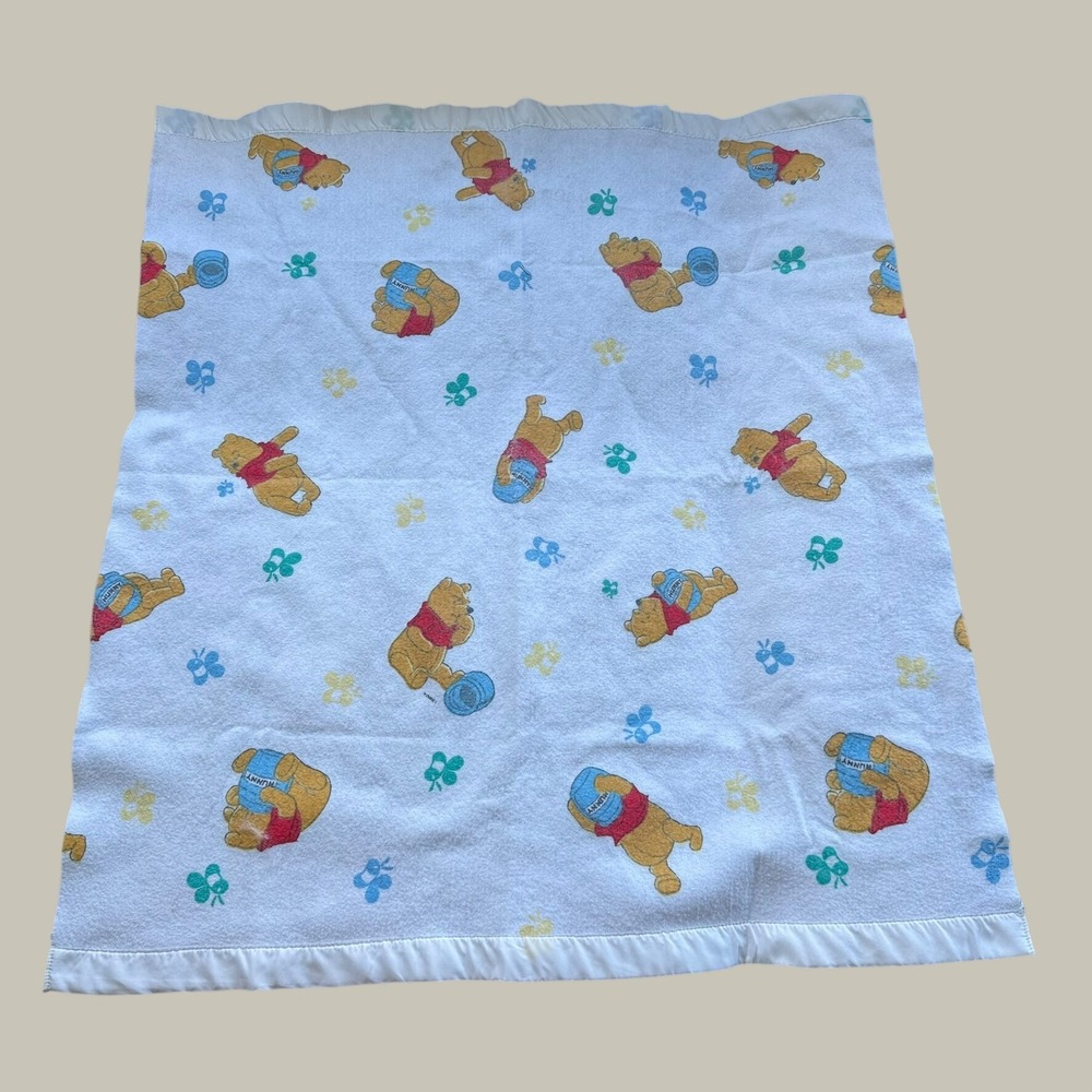 Vintage Disney Winnie the Pooh Baby Blanket White Satin Trim Hunny Pot Canada